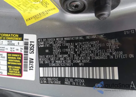 2012 Toyota Sienna Le V6 8 Passenger from USA, damaged, VIN 5TDKK3DC1CS218071